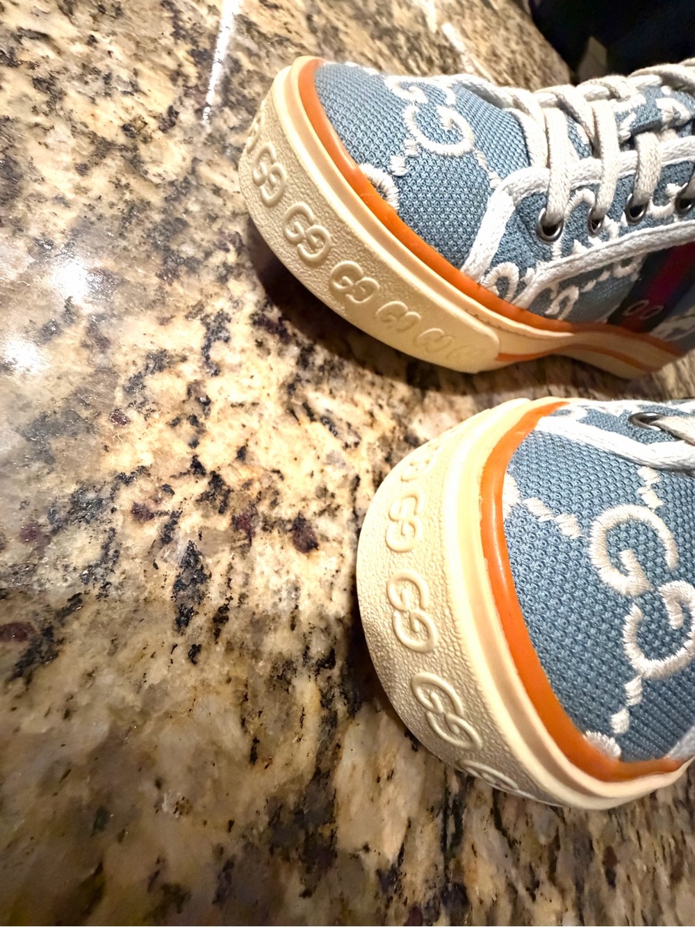 Gucci Women’s Blue GG Canvas Sneakers with Orange Trim and Green Interior - Picture 8 of 11